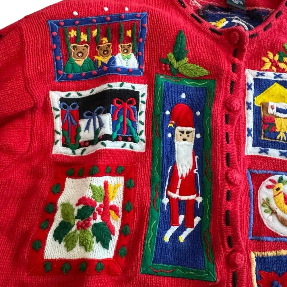 Segue Ho Ho Ho Christmas Sweater Cardigan Size L Red Womens  Button Santa Sleigh